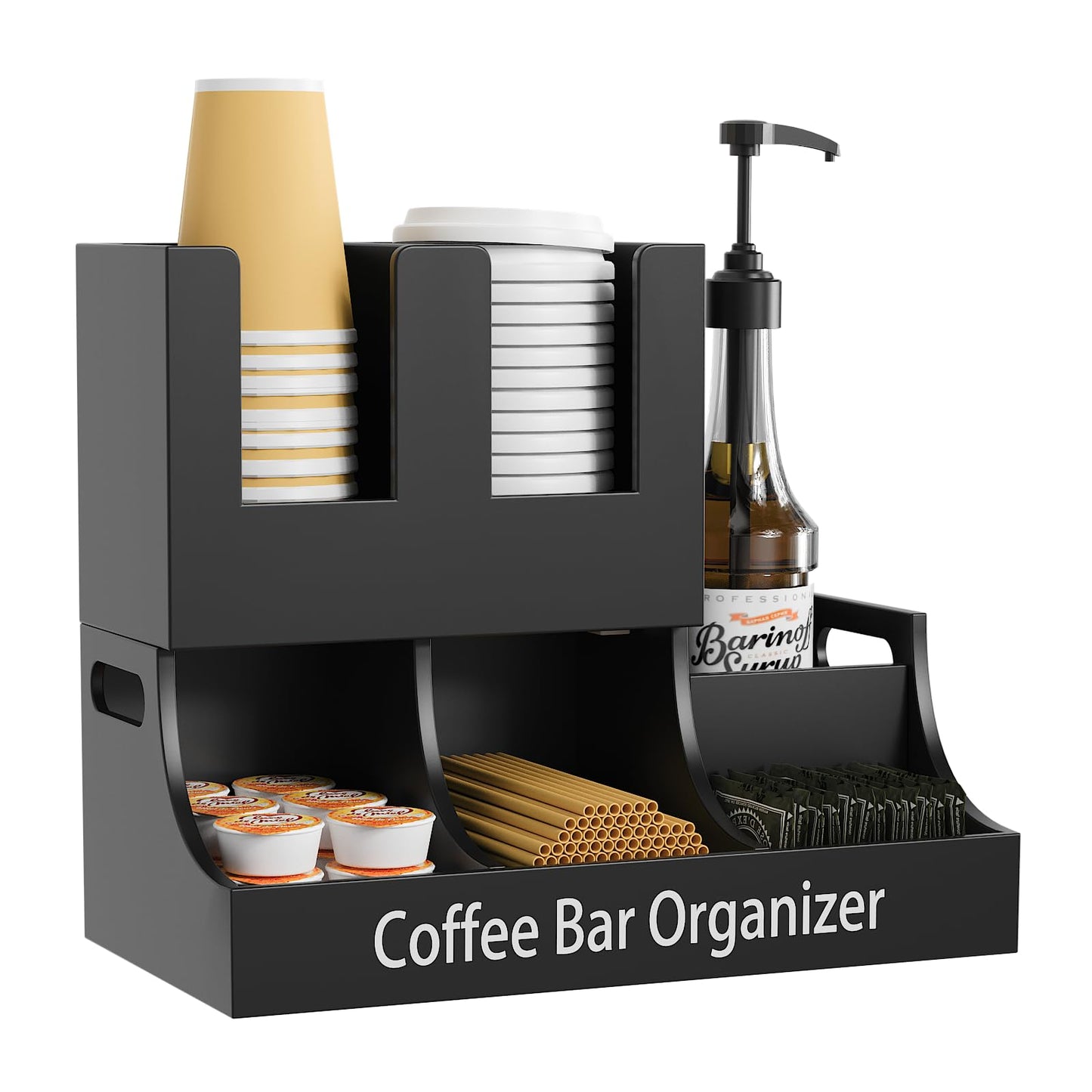 Busidhji Coffee Station Organizer, Wooden Coffee Bar Organizer for Countertop, Condiment and Cup Storage Organizer, Bar Accessories for Kitchen, Office, Home, Small Black