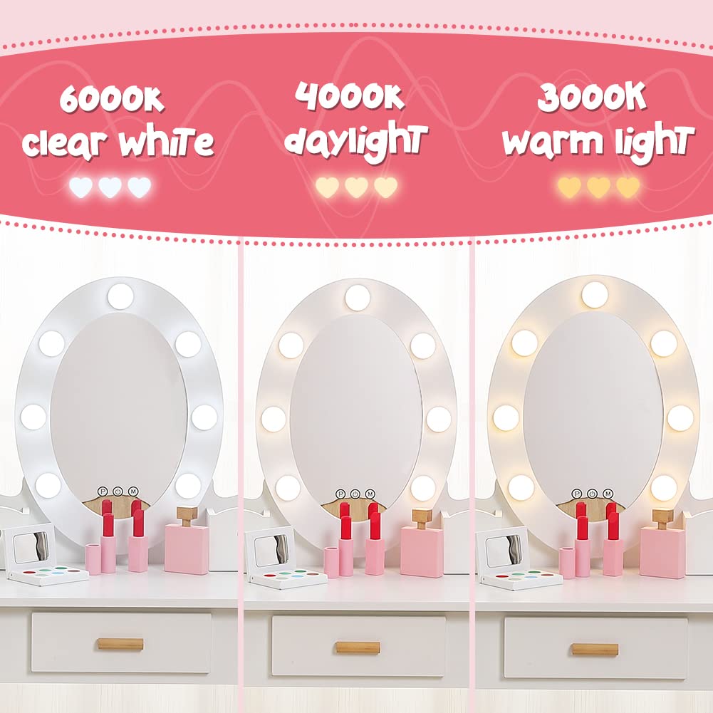 Garvee Kids Vanity Set, Pretend Play Girls Vanity Table and Chair Set with Lighted Mirror, Stool, and Wood Makeup Playset, White