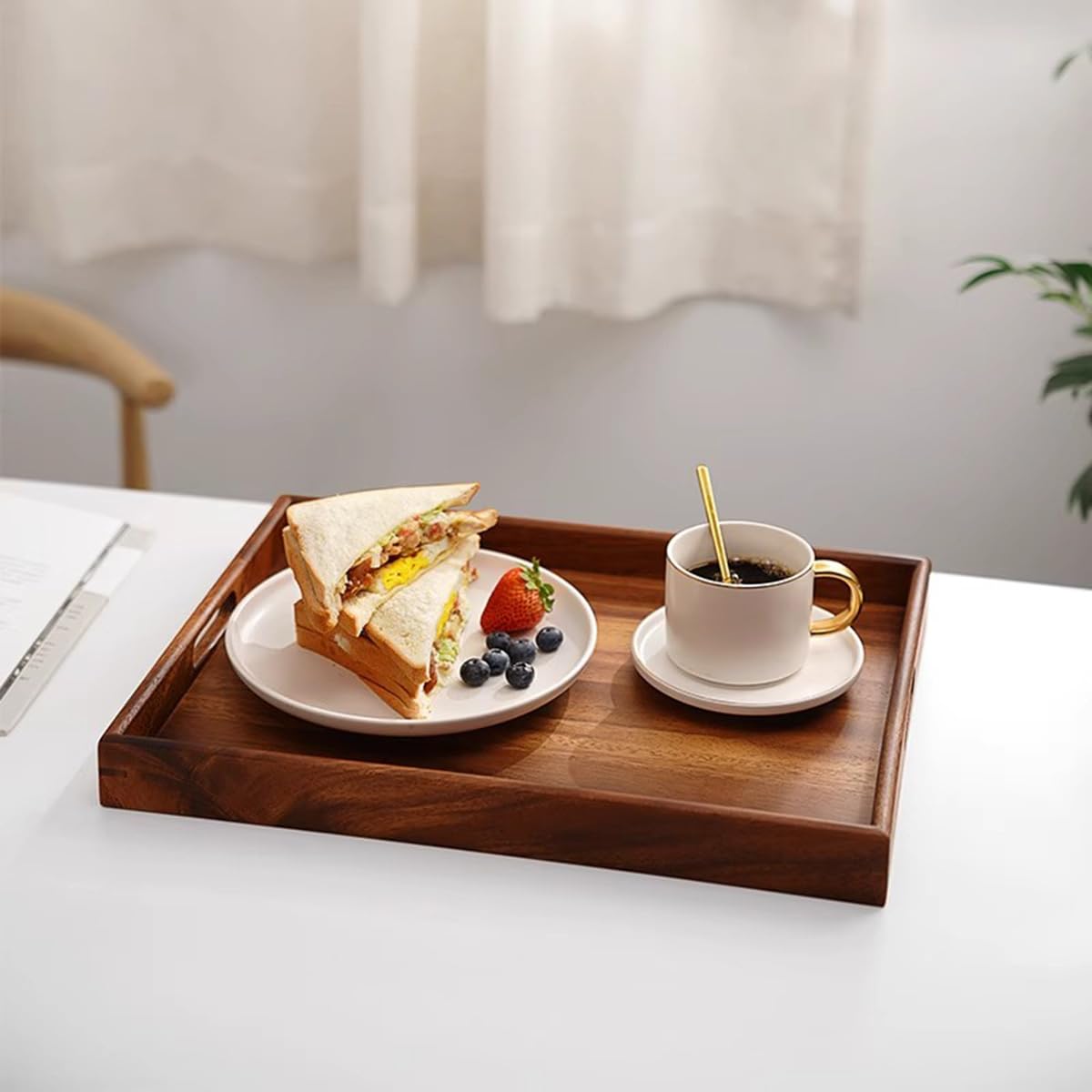 Wooden Coffee Trays with Handles Wood Serving Tray Wooden Bed Tray, Coffee Table Trays for Living Room,Wood Kitchen Tray Wood Decorative Tray with Handles
