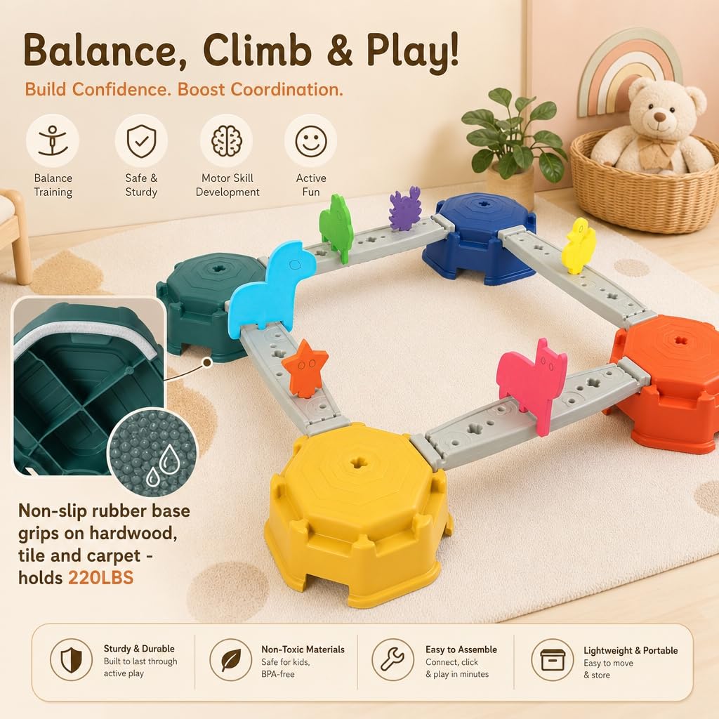edusense 14 PCS Balance Beam Stepping Stones for Kids 3-12 Years, Non-Slip Balance Blocks Indoor Outdoor, Thickened Plastic Holds 220LBS, No Assembly Required, Promote Coordination & Sensory Play