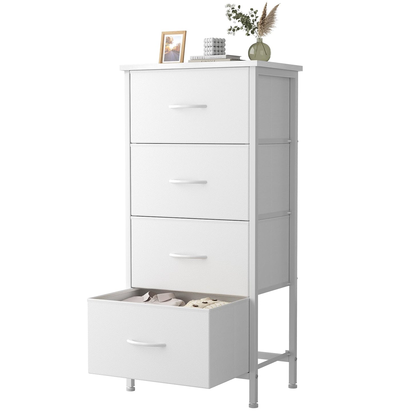 Sweetcrispy 4 Fabric Drawer Small Dresser, Bedside Nightstand with Wooden Top Sturdy Frame, Entryway Closet Bedroom Storage Cabinet Furniture for Dorm,White