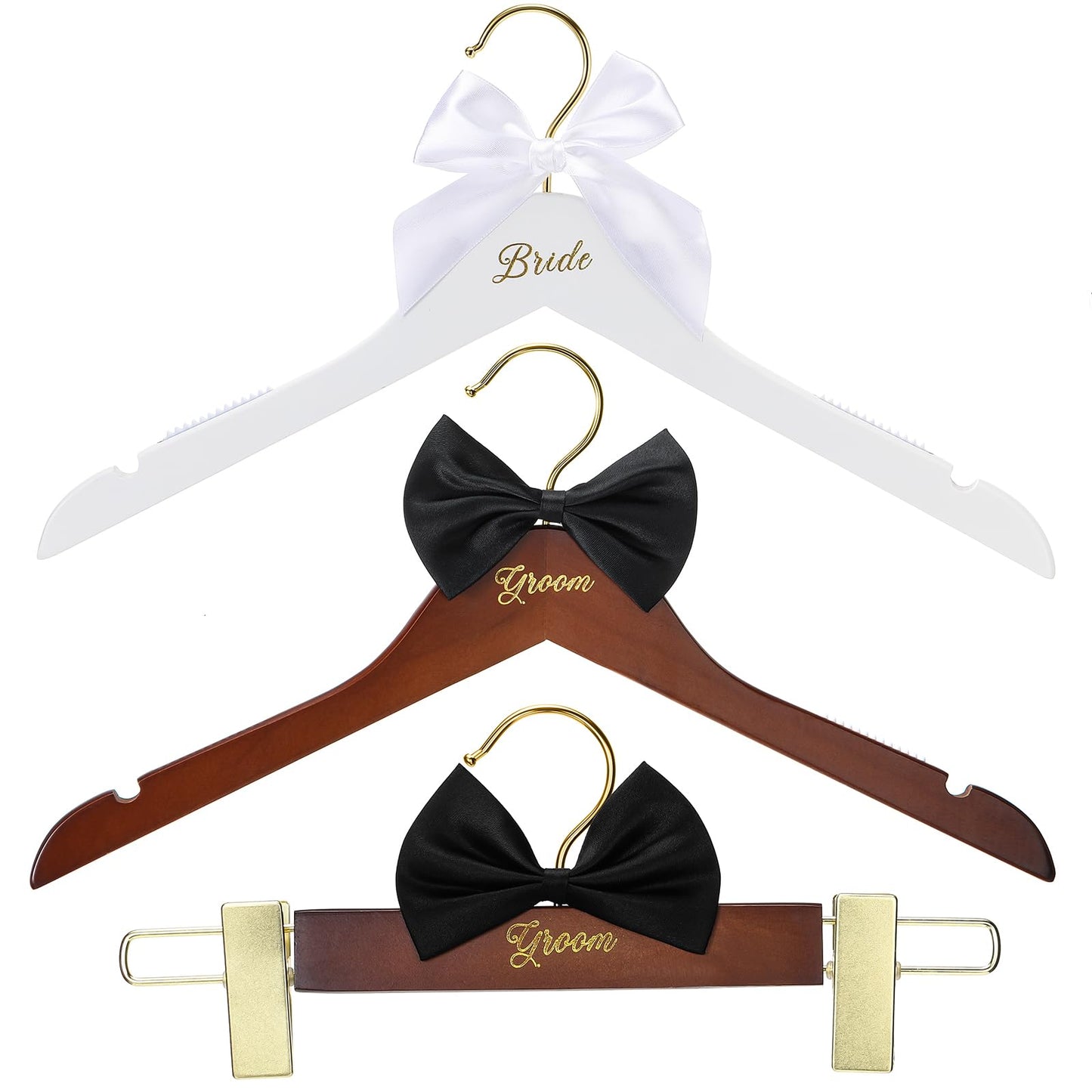 Beeveer 3 Pcs Bride and Groom Hangers for Dress Suit with Clips Wedding Wooden Hanger with Bow Tie for Mr and Mrs Shirt Tuxedo Suit Bridal Wedding Gift Bridesmaid Party Shower
