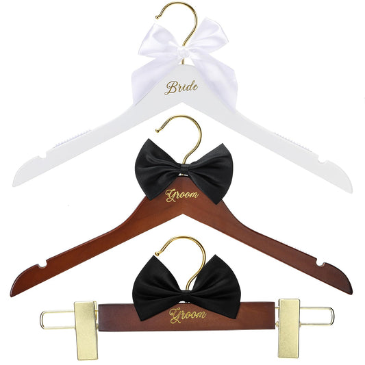 Beeveer 3 Pcs Bride and Groom Hangers for Dress Suit with Clips Wedding Wooden Hanger with Bow Tie for Mr and Mrs Shirt Tuxedo Suit Bridal Wedding Gift Bridesmaid Party Shower