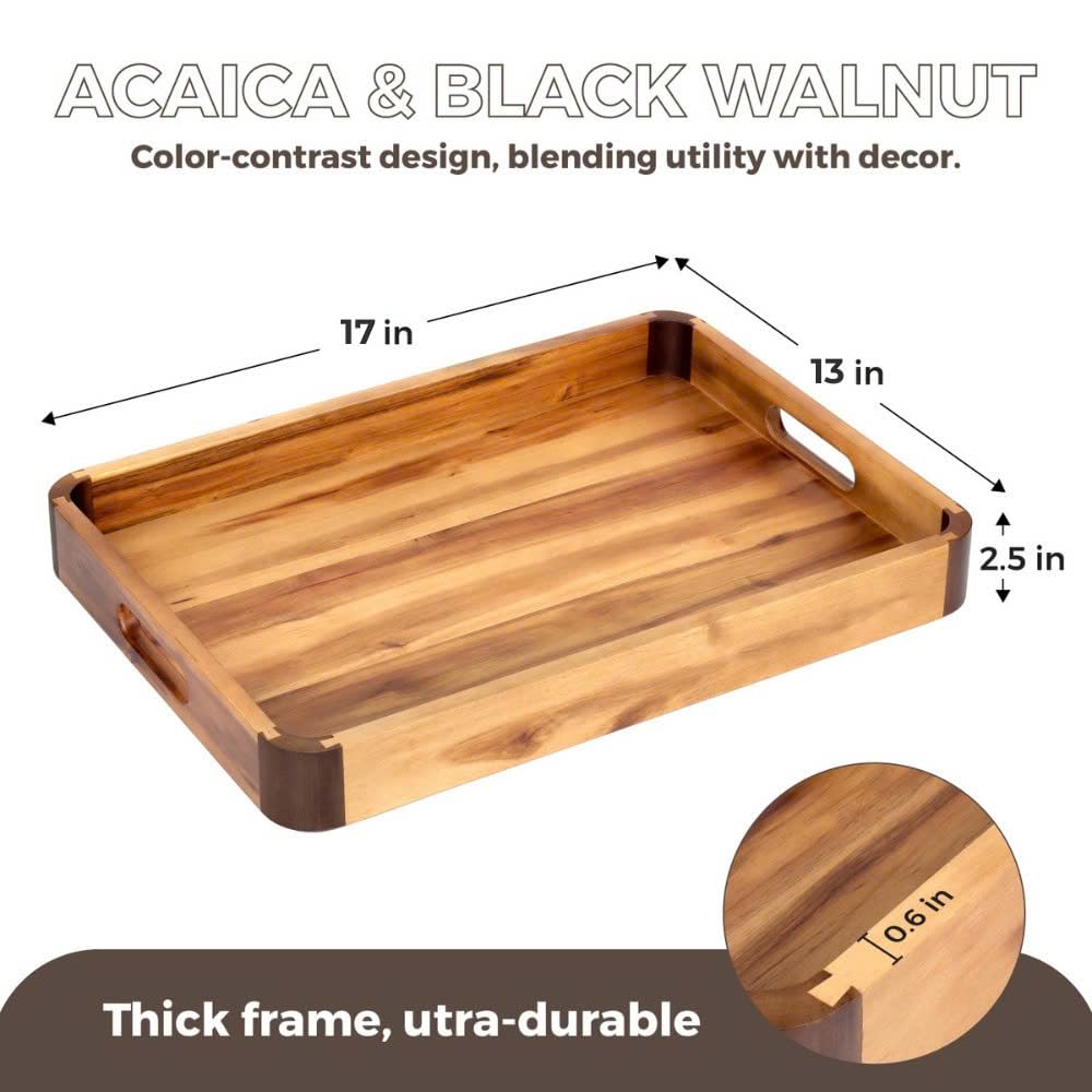 17 x 13 Inch Acacia Wood Serving Tray with Handles, Decorative Wooden Tray Featuring Dark Walnut-Tone Curved Corner Accents for Coffee Table, Ottoman & Kitchen Counter...