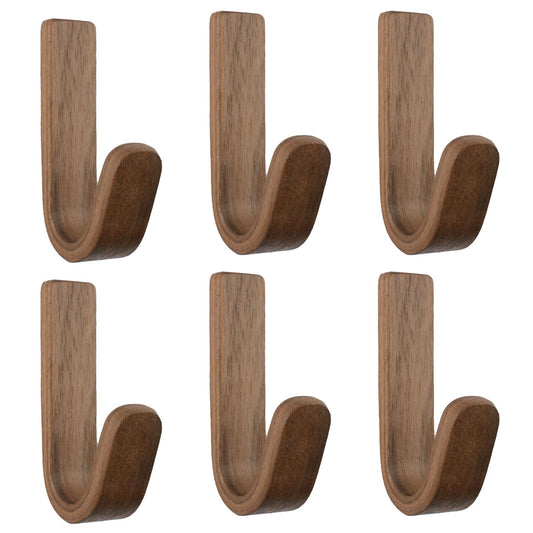 MOROBOR 6 Pcs Walnut Self Adhesive Wall Hooks, J-Type Adhesive Hook Natural Wooden Key Holders Wall Mounted Heavy Duty Coat Rack for Bathroom Bedroom Entryway