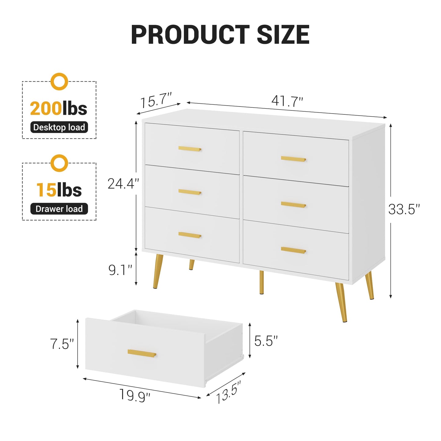 IDEALHOUSE 6 Drawer Dresser, Modern Wooden Chest of Drawers with Gold Handles, Deep Drawers for Bedroom, Living Room and Entryway, White