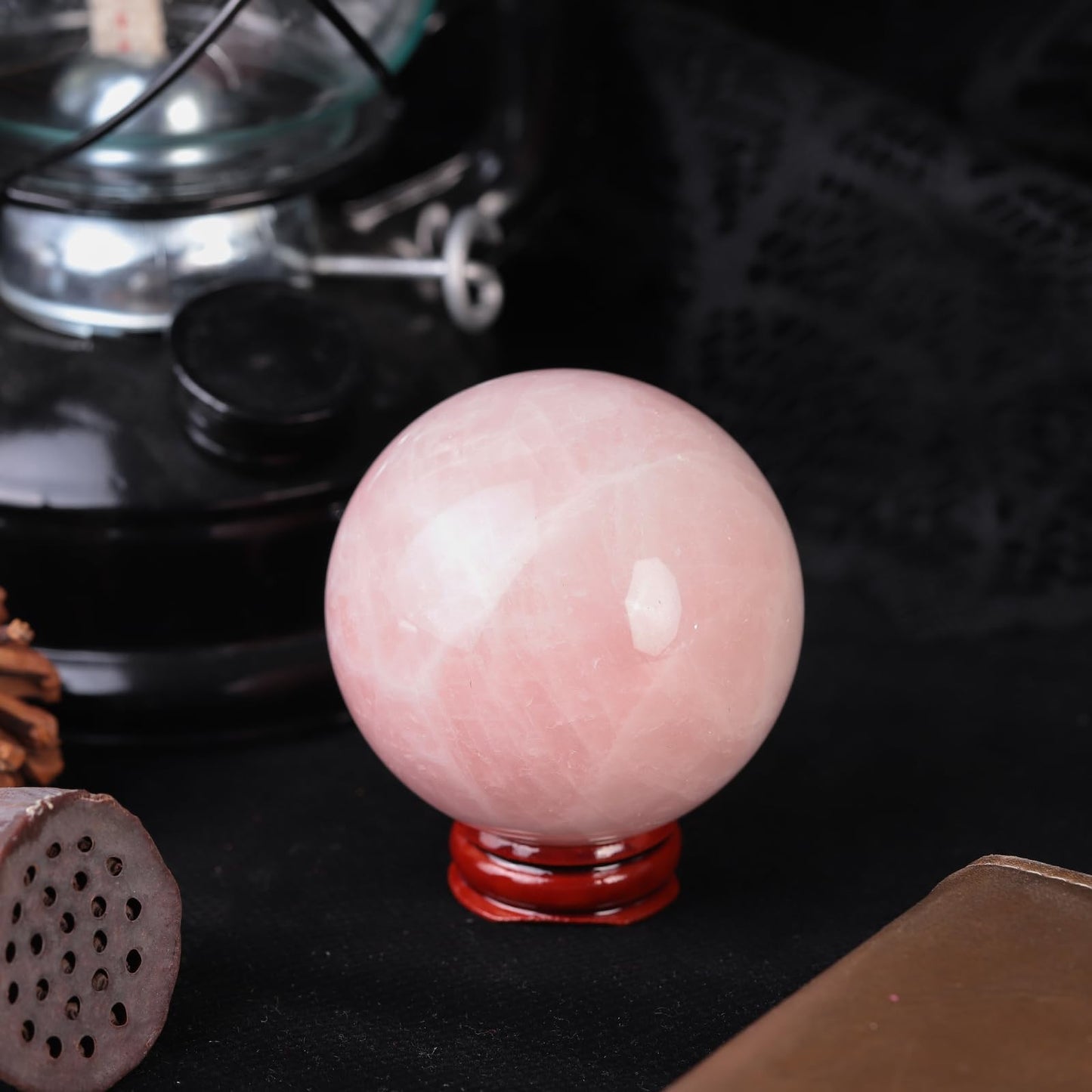 Nupuyai 1.97"-2.17" Natural Rose Quartz Crystal Ball with Wooden Stand, Decorative Stone Sphere Sculpture Figurine for Home Office Tabletop Decor Reiki Healing Divination Feng Shui Tool