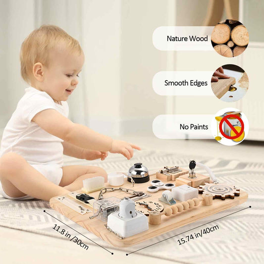 Wooden Busy Board for Toddlers - Montessori Sensory Activity Board for Fine Motor Skills and Early Learning - Travel Toys for Kids - Sensory Toys for autism or ADHD - Ideal for Educational Gifts
