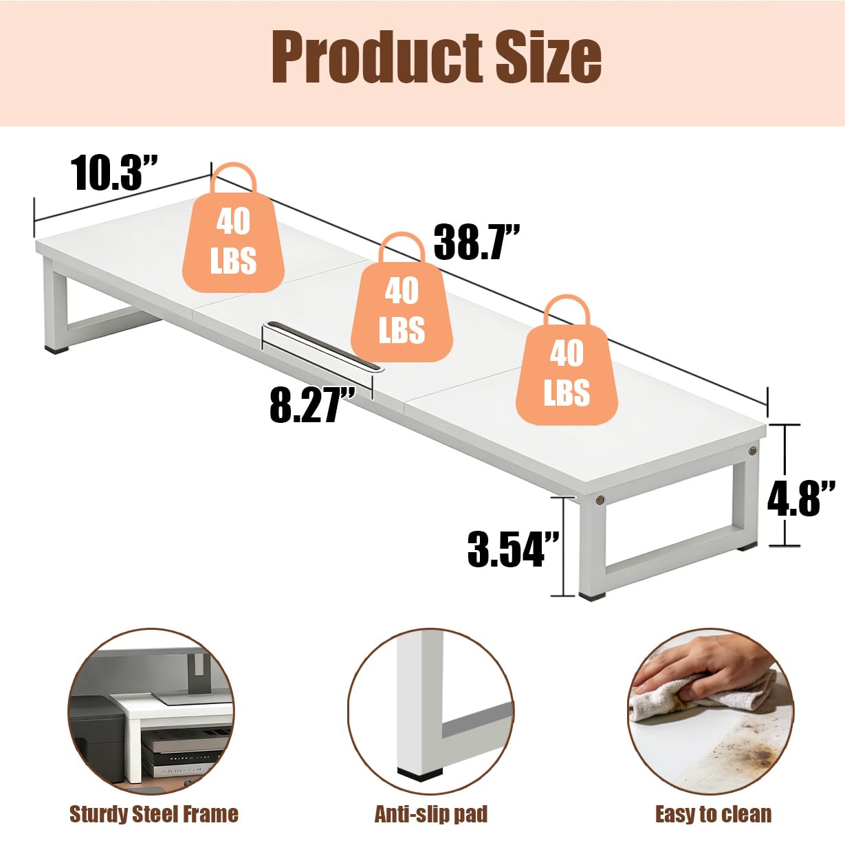 huacz Dual Monitor Stand Riser, 38.7'' Long Wood and Steel Monitor Stand for 2 Monitors, Ergonomic Desktop Organizer with Tablet Stand for Computer,Laptop,TV (White)
