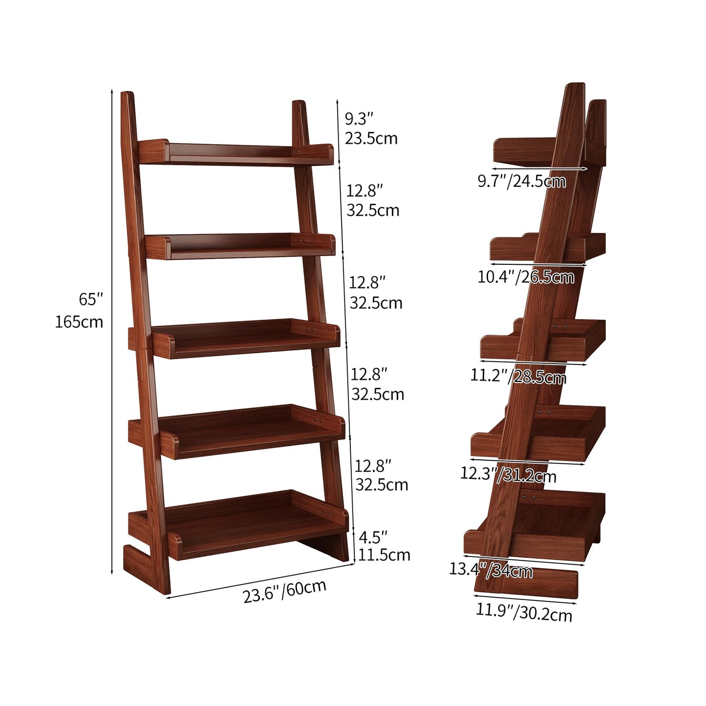 5 Tier Ladder Shelf, Leaning Bookshelf with Wood Frame, 5 Shelf Tall Bookcase Standing Storage Organizer Solid Wood Storage Shelves for Living Room, Bedroom, Home Office (Walnut)