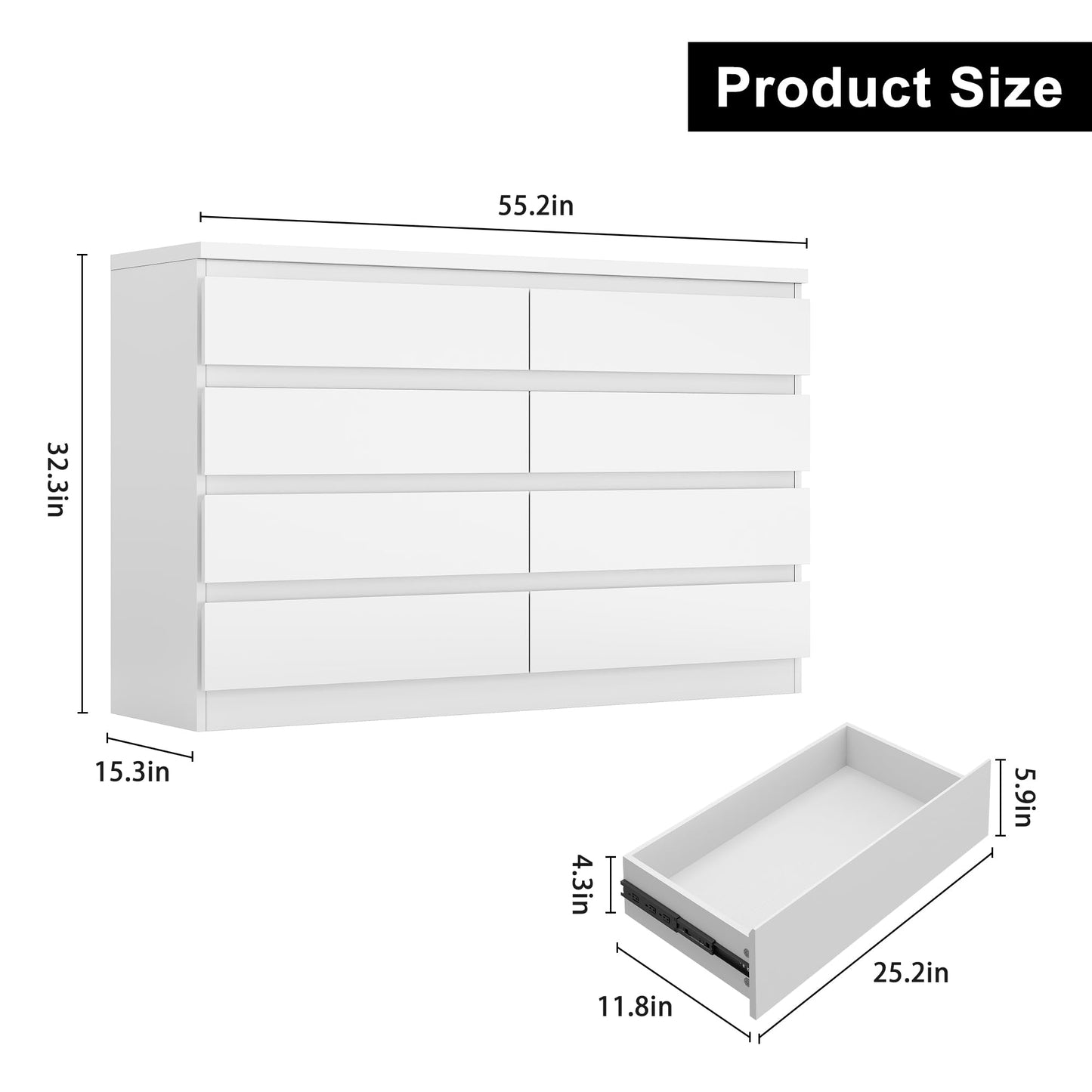 Jocoevol Modern White 8 Drawer Dresser for Bedroom, 15.3" D x 55.2" W x 32.3" H Simply Chest of Drawers, Wood Storage Dresser with Deep Drawers for Living Room Hallway Entryway, White