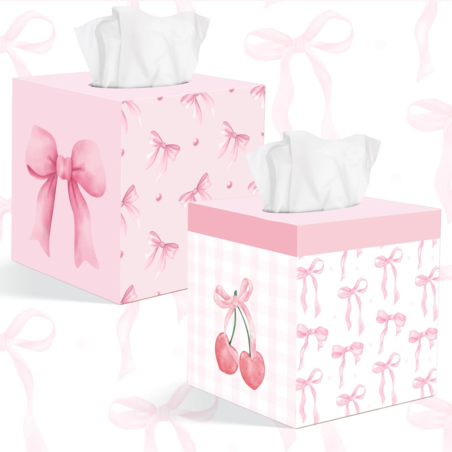 2 Pcs Pink Bow Tissue Box Cover 5.9 x 5.9 x 5.9 Inch Wooden Coquette Bow Decorative Tissue Box Holder Square Paper Towel Holder Cube Boxes Funny Cube Case for Home Pink Party Decorations Supplies