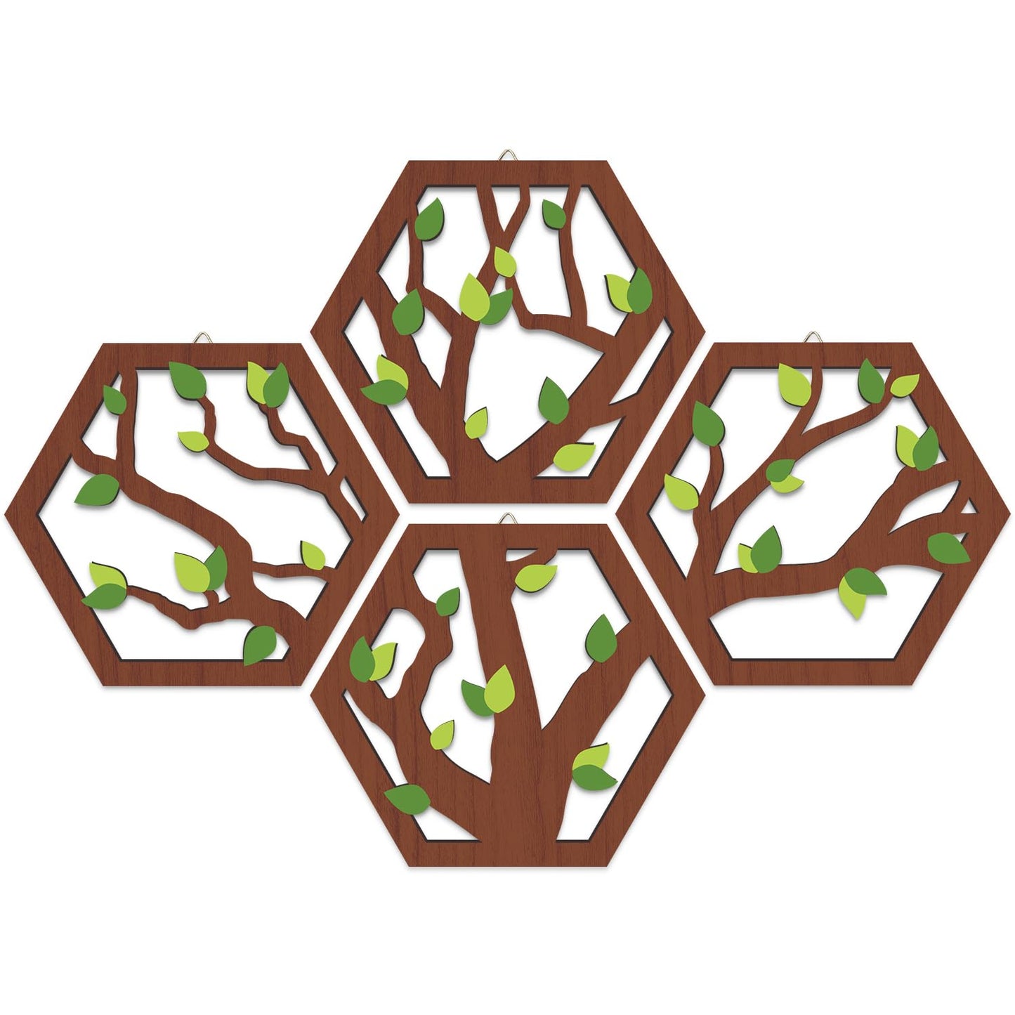 HOURIA 4 Pcs Wooden Tree of Life Wall Art, Rustic Green Leaves Hollow Brown Wall Hanging Decor for Living Room,8"*10"Abstract Modern Family Tree Wood Wall Sculpture for Farmhouse Bedroom Nursery