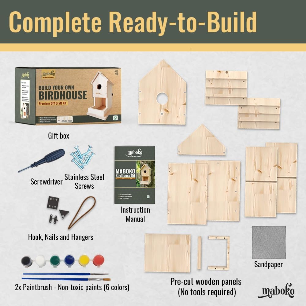 Premium Real Wood Birdhouse Kit for Outdoors, FSC Certified Solid Wood DIY Bird House| Weather Resistant with Stainless Steel Screws (No Glue Needed) | Educational Building Project for Kids & Adults