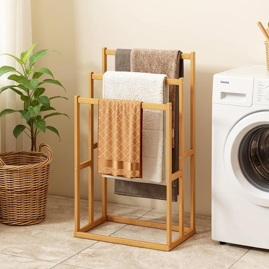 ETOYA Freestanding Wooden Towel Rack with 3 Crossbars, 3-Tier Decorative Blanket Ladder Display Stand, Drying Storage Organizer, Towel Holder for Bathroom, Living Room, Bedroom, Pool & Laundry Area