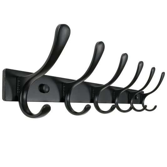 SKOLOO Coat Rack Wall Mounted - 6 Hooks, Heavy Duty, Stainless Steel, Metal Wall Hanger, Sturdy Coat Hooks for Hanging Coats, Jacket, Clothes, Hats - Black
