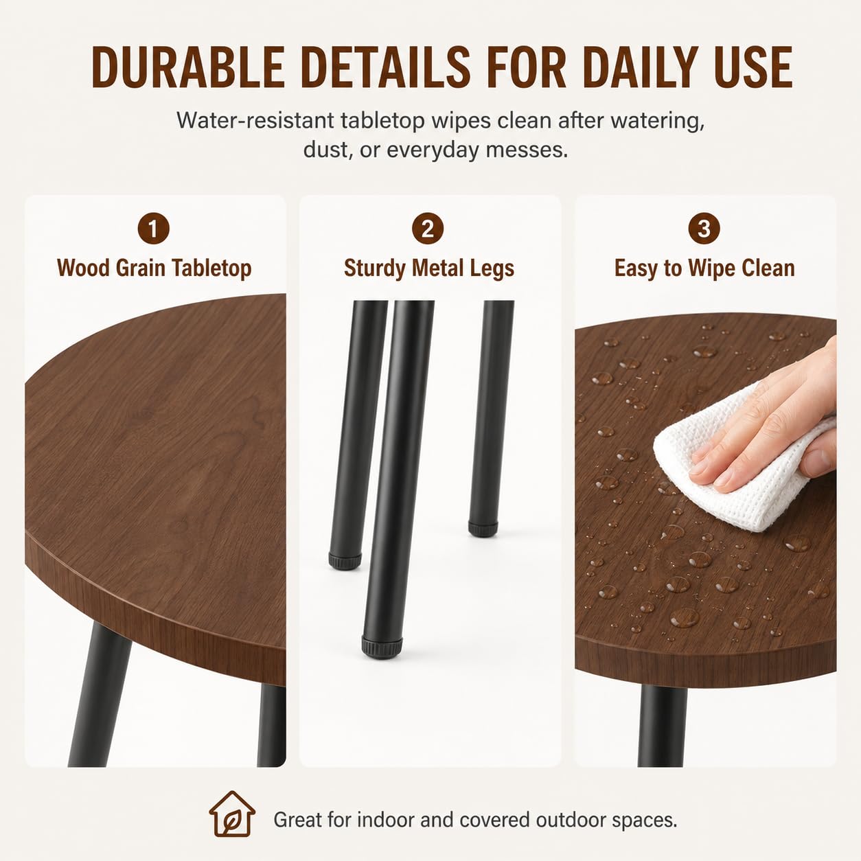 SAKSUN 2 Pack Plant Stand Set: Small Round Plants Stand Indoor Wood Grain Plant Tables with Metal Legs - Indoor Outdoor Plant Stands for Living Room, Bedroom, Patio, Balcony, Brown, 150 lbs Capacity