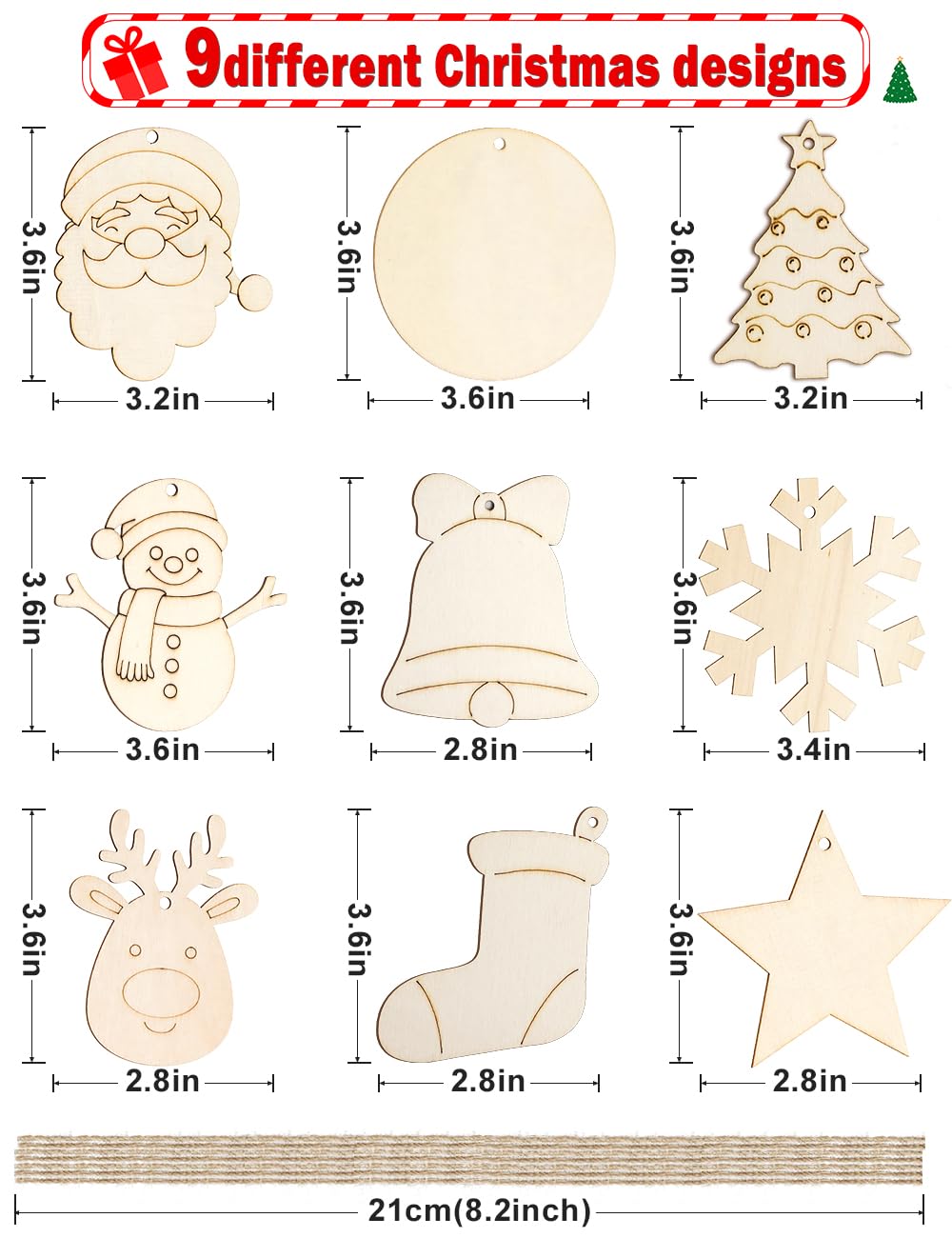 Wohohoho 45Pcs Unfinished Paintable Blank Wooden Christmas Ornaments with Tray, 9 Designs DIY Predrilled Wood Ornaments for Crafts. Christmas Tree Hanging Decorations Xmas Art Birthday Gift for Kids