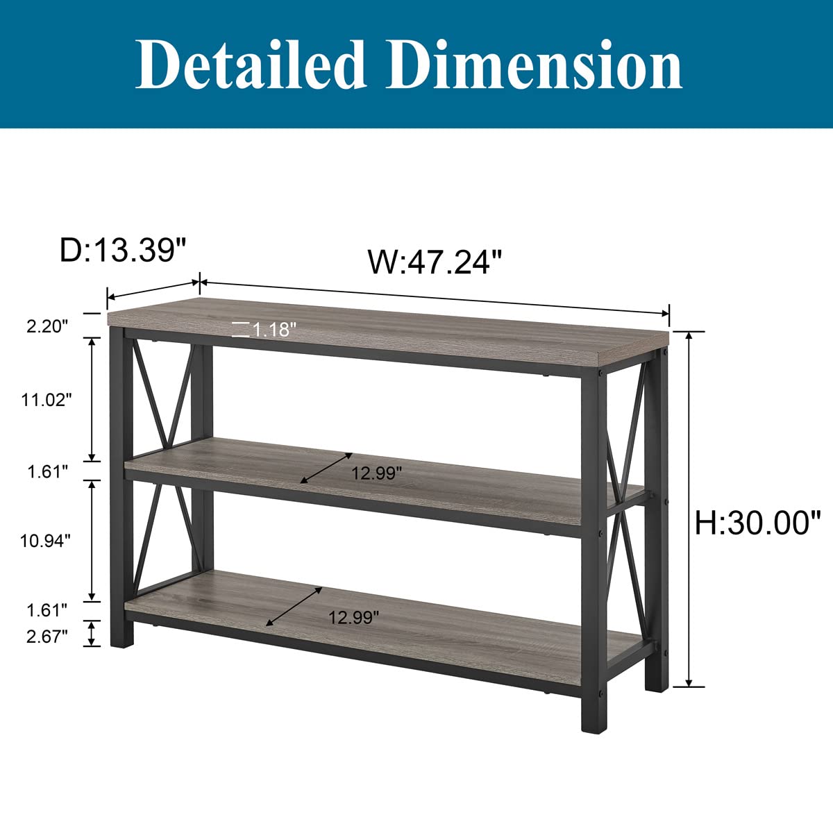 BON AUGURE Gray 3-Tier Console Table with Storage Shelves and Matching Entryway Bench for Hallway, Living Room or Foyer (Dark Grey Oak)