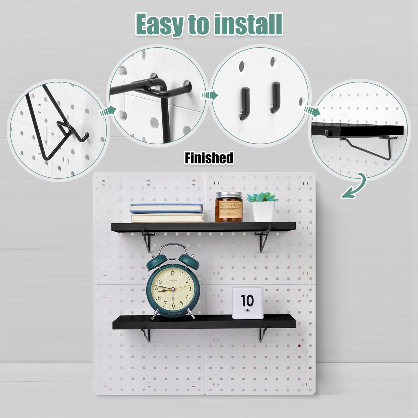 Qunclay 8 Pack Pegboard Shelf Set Wooden Shelves with Metal Brackets Hook Wall Pegboard Shelving Heavy Duty Accessories for Crafts Home Office Garage Workbench(Black)