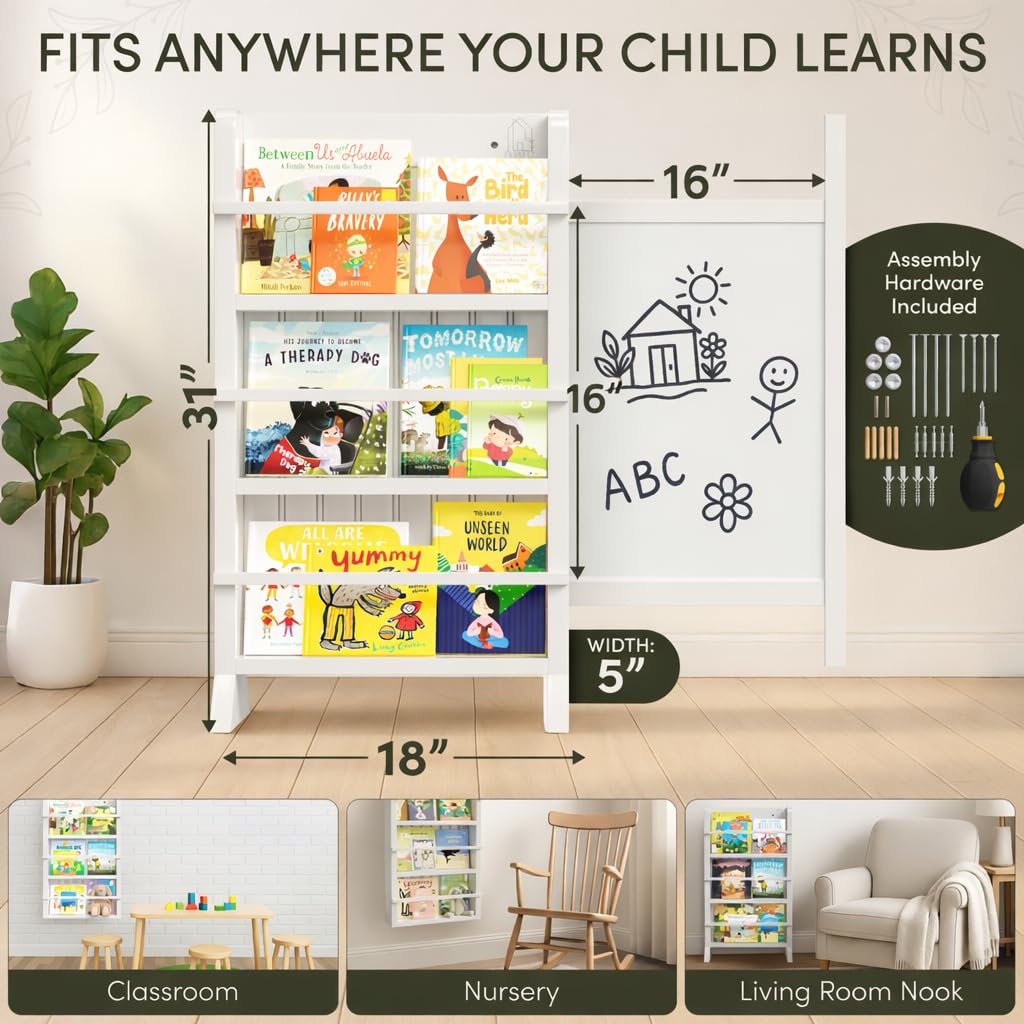 OurNest Kids/Baby Bookshelf Magnetic Sliding Whiteboard & Markers H-31–Three Tier Front-Facing Wooden Toddler for Reading, Creativity & Montessori–Nursery, Playroom & Classroom– Easy Assembly.