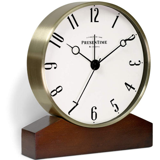 Presentime & Co Mozart Mantel Alarm Clock, Desk and Shelf Clock, Tabletop Decoration, 6 x 5.5 inch, Silent no Ticking, Wooden Base, Walnut Finish, Golden Color, Arabic Numeral
