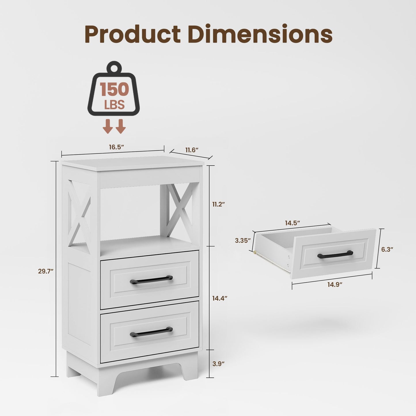 ZYKZYK Tall Nightstand Set of 2 Side Table with 2 Drawers Modern Night Stand Wooden End Table Bedside Table with Upper Open Shelf Solid Feet for Bedroom, White