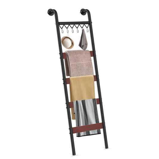 Wooden Blanket Ladder, Wall-Leaning Blanket Rack, 5 Tier Ladder Shelf, 5.6 ft Blanket Holder, Decorative Display Ladder Shelf for Storage and Home Decor, Rustic Brown and Black