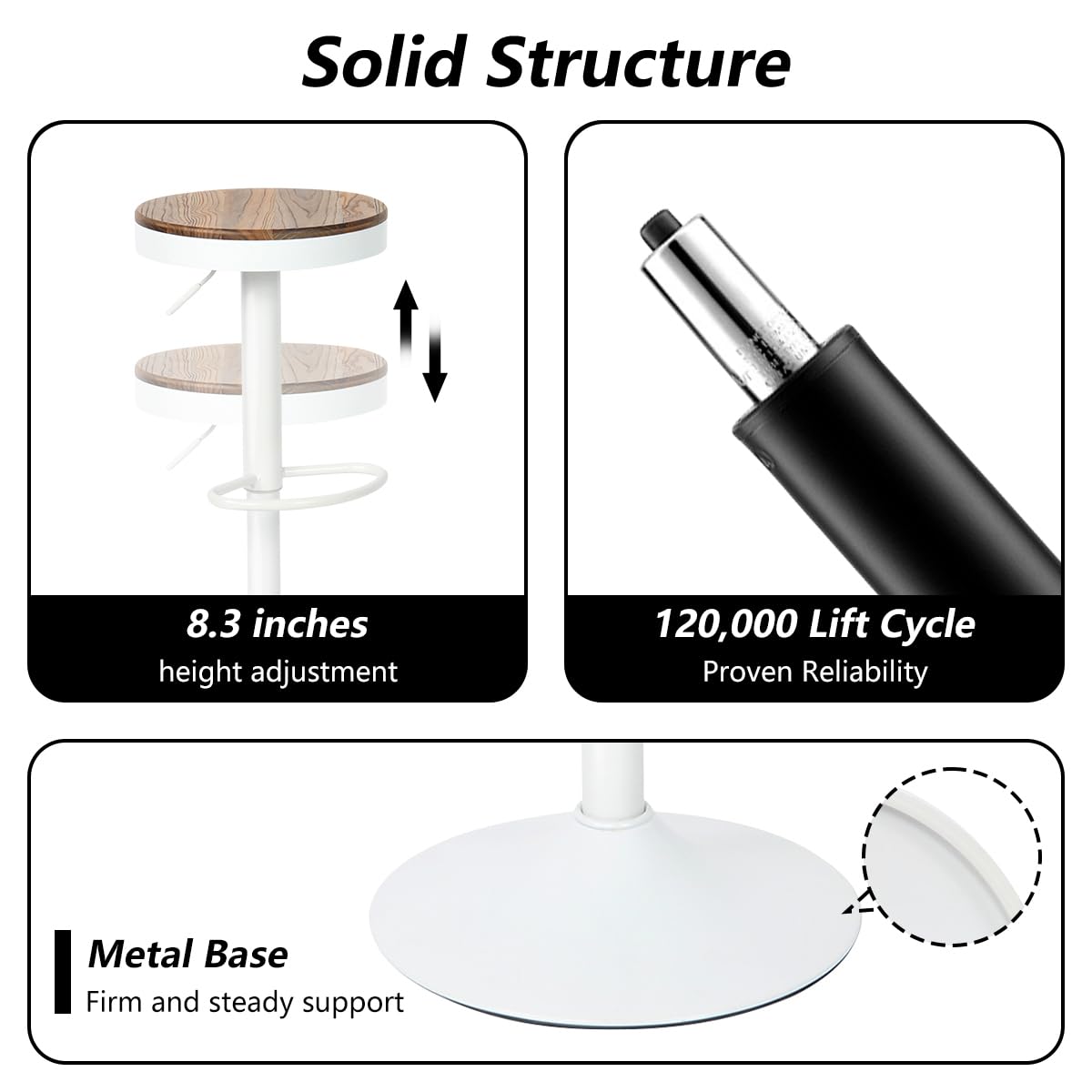 Kidol & Shellder Bar Stools Set of 2 White Round Adjustable Swivel Barstools Modern Backless Bar Chairs Wooden Seat Counter Height Stools Armless for Kitchen Island, Cafe, Dining Room