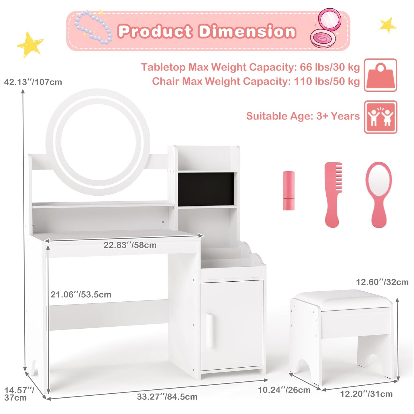 INFANS Kids Vanity with Lights, Princess Makeup Desk with Mirror Storage Shelves, Toddler Table and Chair Set Pretend Play for Girls Aged 4-9 (Cream White)
