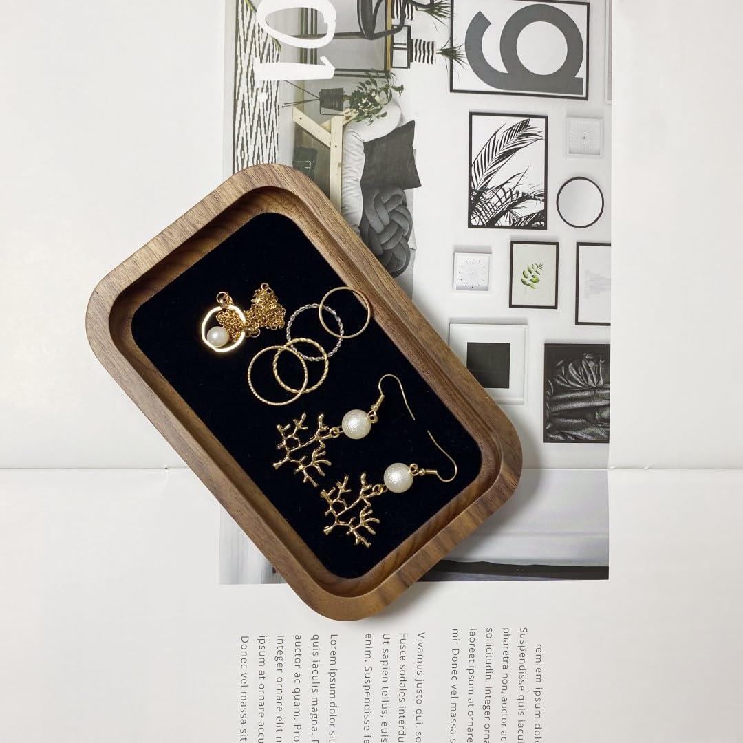 RANNYOZIO Wooden Jewelry Tray Small Trinket Dish with Velvet Surface Rings Earrings Dish Necklaces Bracelet Organizer Display Tray for Dresser Drawer Tabletop Birthday Gift(Rectangle)