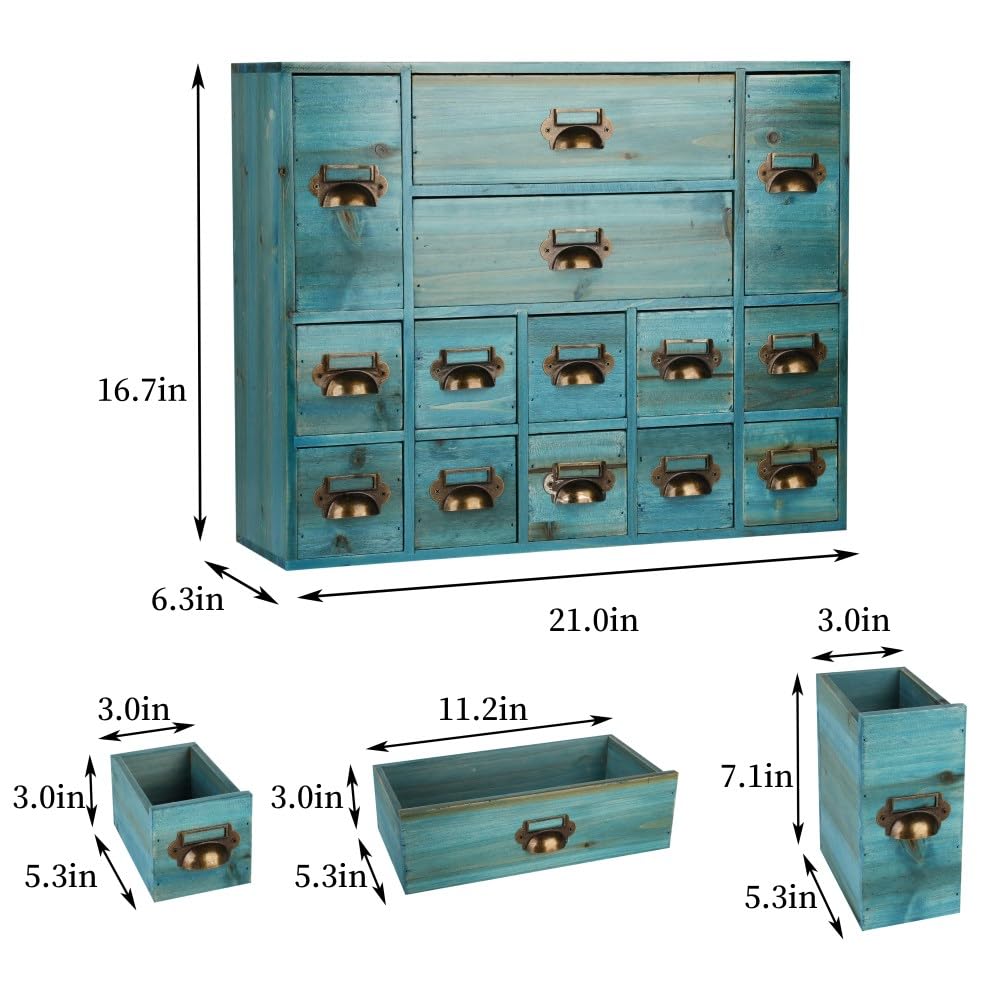 Apothecary Drawers Card Catalog Cabinet with 14 Drawers Wooden Card Catalog Wooden Storage Box for Desktop Organizer (Blue)