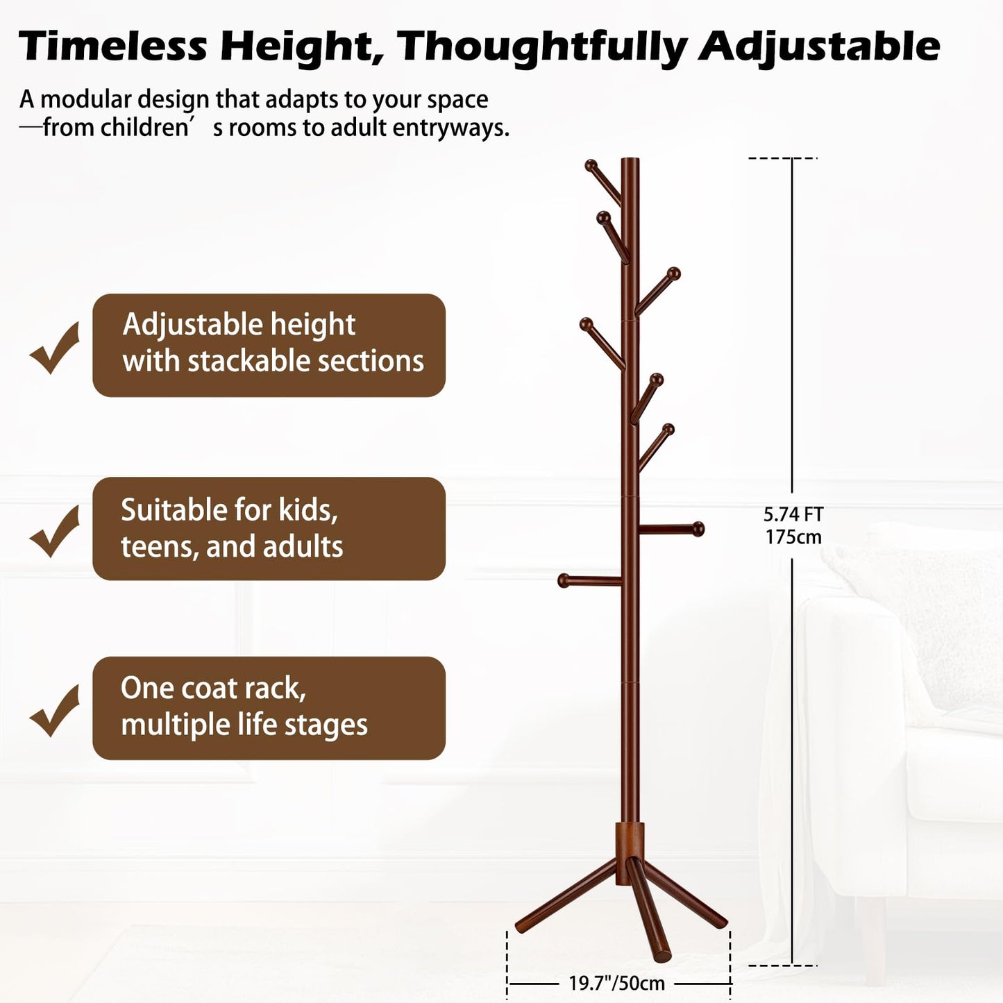Arborus Wooden Coat Rack Freestanding, Adjustable Height Solid Wood Clothes Stand with 8 Ball-End Hooks, Stable Tripod Base, 5.7FT Floor Coat Tree for Entryway Bedroom Office, Brown