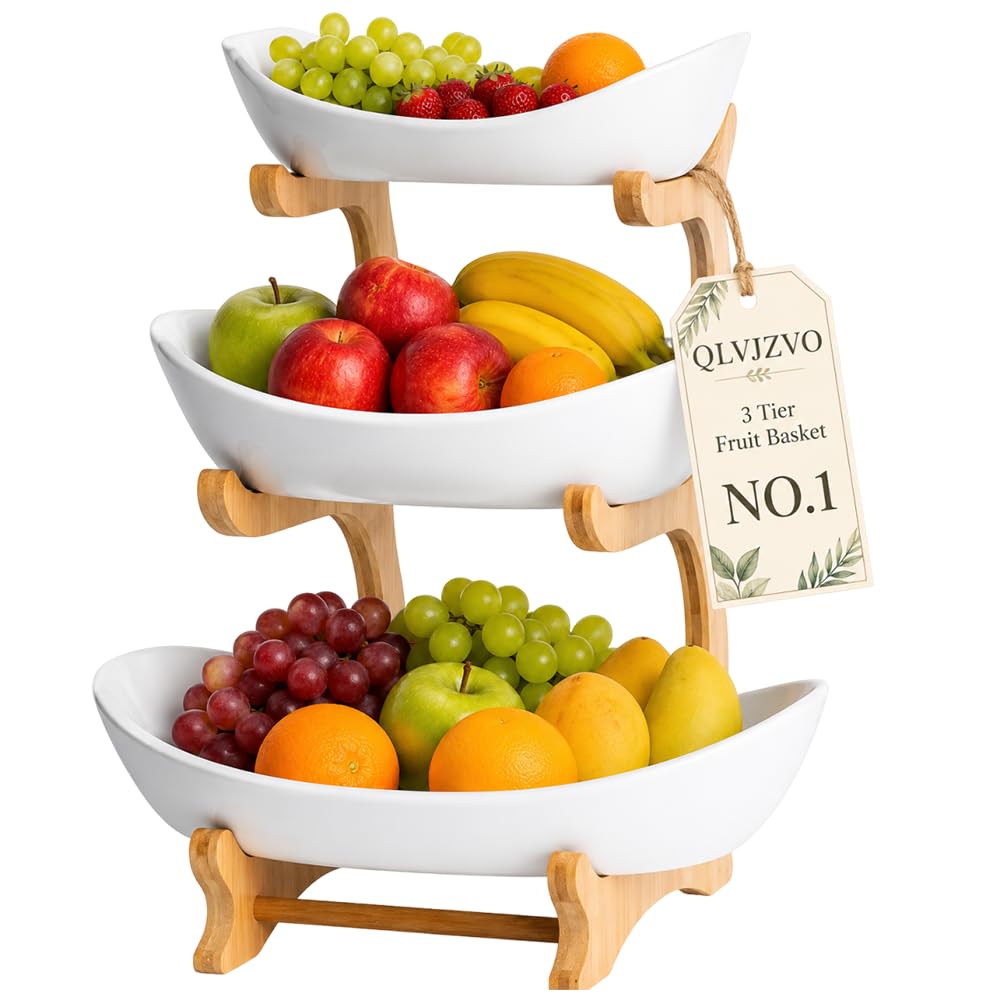 Tier Countertop Organizer, Fruit Bowl with Bamboo Wood Stand for Kitchen Counter, Snack Dessert Cake Tray Plate Rack for Party Wedding, Basket for Vegetable Storage, Salad Buffet Server(3 Tier White)