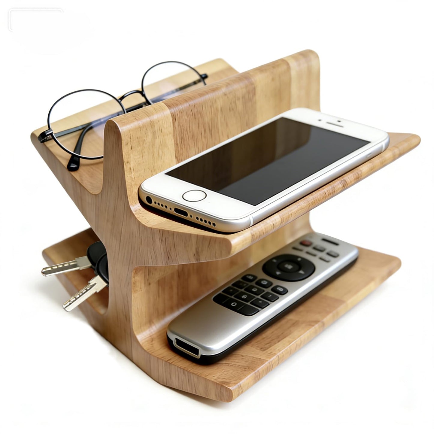 Remote Control Holder with 2-Tiers, Wooden Organizer Stand for TV/Streaming Remotes, Game Controllers, Glasses, Keys | Storage Caddy for Coffee Table, Living Room, Nightstand & Entertainment Center