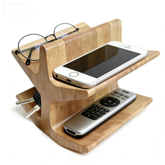 Remote Control Holder with 2-Tiers, Wooden Organizer Stand for TV/Streaming Remotes, Game Controllers, Glasses, Keys | Storage Caddy for Coffee Table, Living Room, Nightstand & Entertainment Center