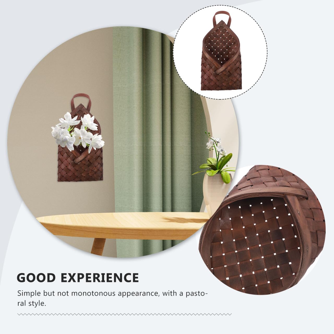 Hemobllo Woven Hanging Wall Basket for Storage, Handmade Wooden Flower Bag for Wall Decor, Rustic Farmhouse Hanging Fruit Basket for Kitchen, Boho Entryway Mail Organizer & Flower Girl, Coffee