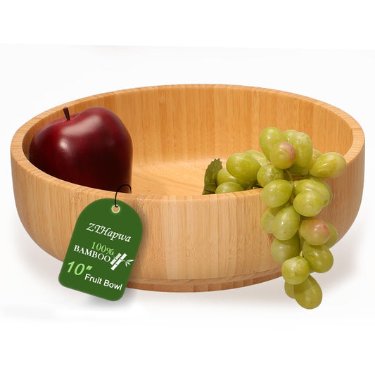 ZTHapwa Large Fruit Bowl for Kitchen Counter, 10 Inch Bamboo Wooden Straight-Side Serving Bowl for Salad, Vegetables and Fruits, Rustic Decorative Bowls for Dinner Table Centerpiece Decor, 100 Oz