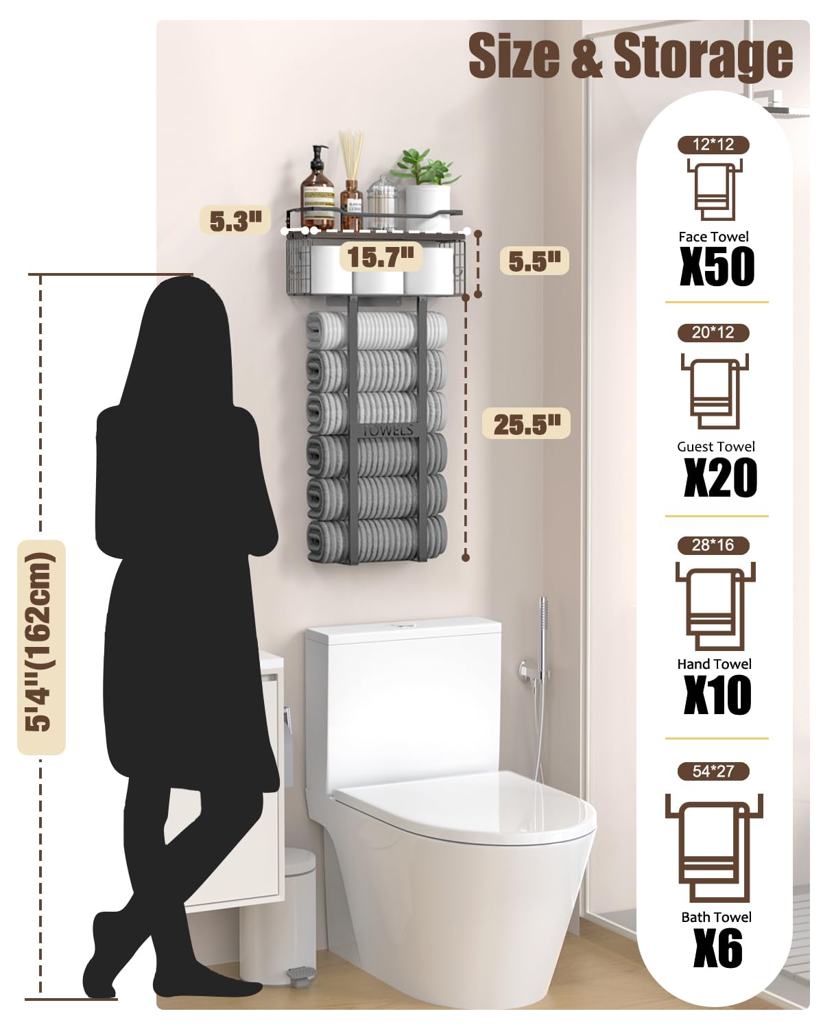 Large Towel Rack & Bathroom Towel Holder - Wall Mounted Metal Rack with Wooden Floating Shelf, Small Bathroom Towel Storage, Easy Holds 6 Large Rolled Towels, Black with Brown Plank