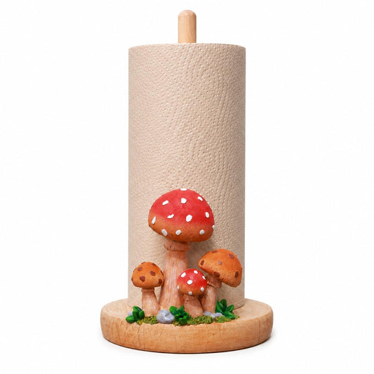 Mushroom Paper Towel Holder, Hand-Carved Resin & Wood Tissue Holder with Large Non-Slip Base, Decorative Kitchen Countertop Paper Towel Stand for Bathroom, Living Room, Farmhouse Decor