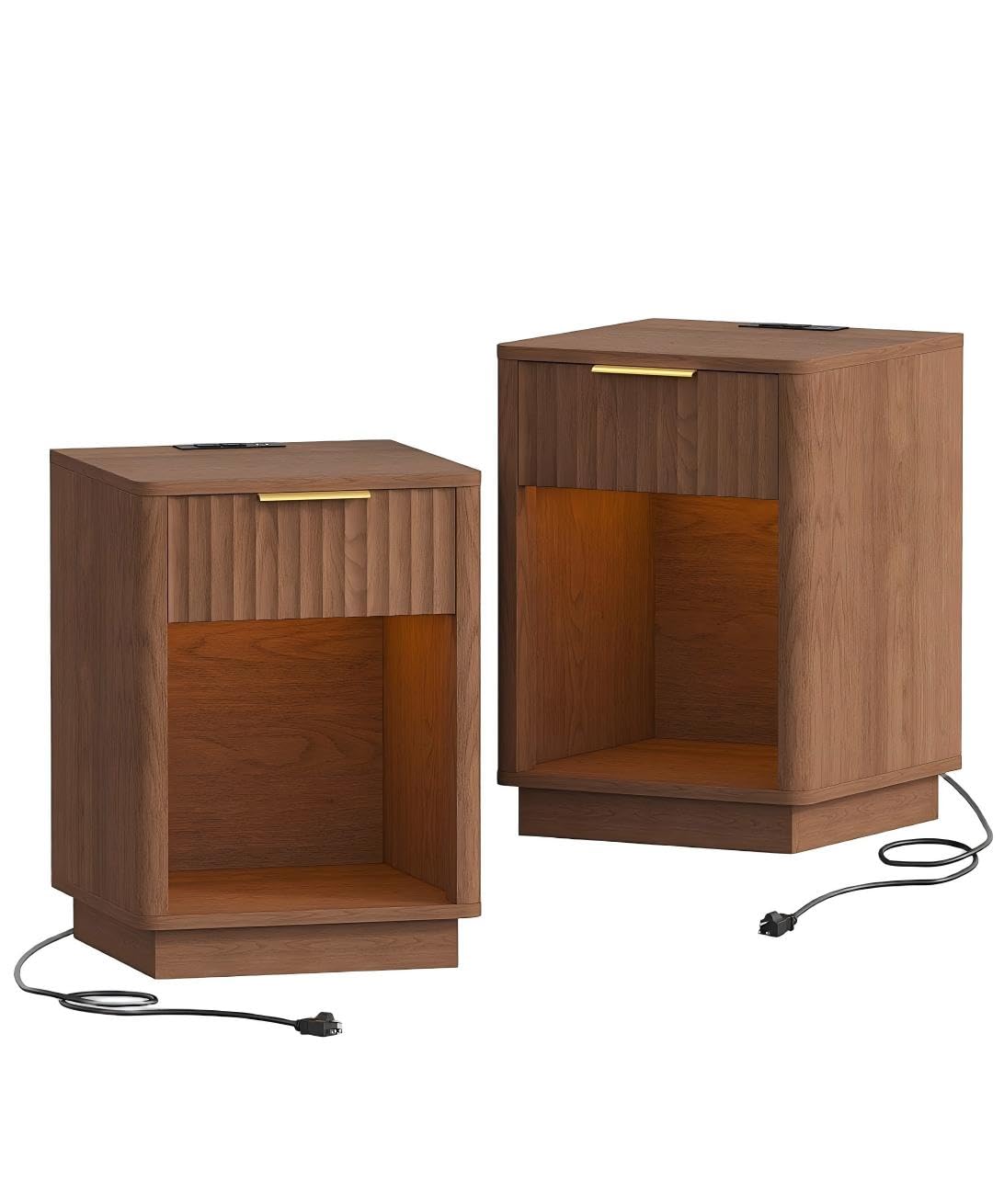 Akxomel Fluted Nightstands Set of 2, Wooden Night Stand with Charging Station and LED Light, Modern Mid Century End Table with Drawer, 15" D x 15.7" W x 22.6" H, for Bedroom, Walnut