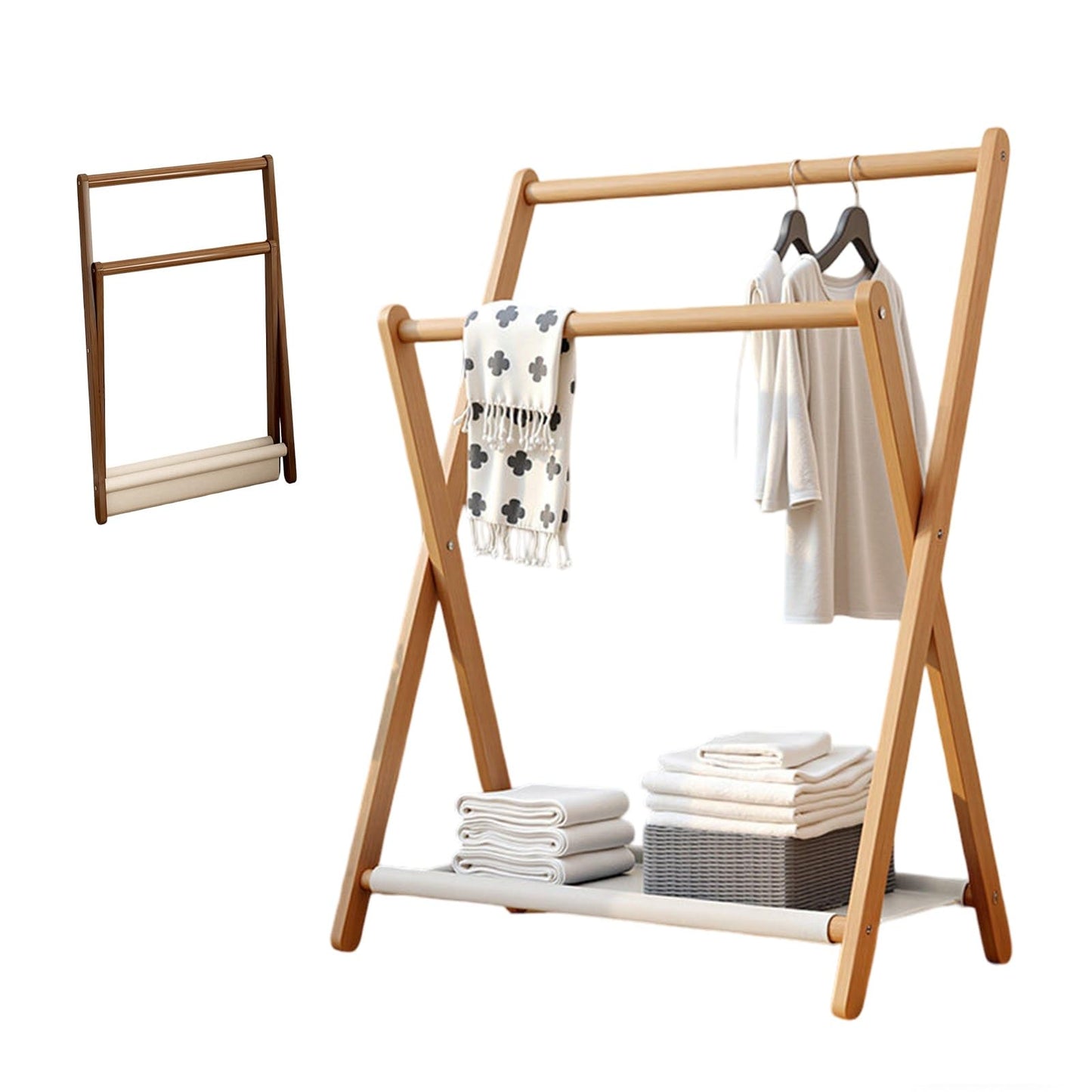 Labasuan 2-Tier Wooden Towel Rack, Foldable Blanket Ladder with Fabric Shelves, Portable Garment Coat Rack for Entryway,Bedroom, Living Room, Bathroom(Natural,40cm/15.7in)