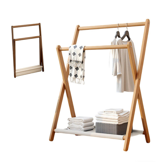 Labasuan 2-Tier Wooden Towel Rack, Foldable Blanket Ladder with Fabric Shelves, Portable Garment Coat Rack for Entryway,Bedroom, Living Room, Bathroom(Natural,40cm/15.7in)