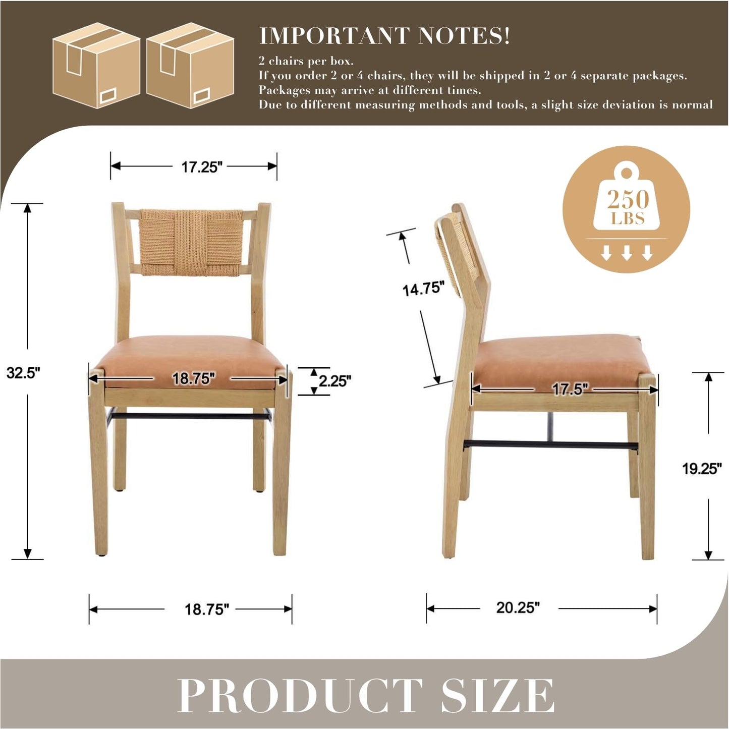 CIMOTA Wooden Dining Chairs Set of 2, Rope Woven Back,Upholstered Dining Room Chairs with Brown Faux Leather 2.25" Padded Seat, Mid-Century Modern Farmhouse Armless Kitchen Side Chairs for Dining Room