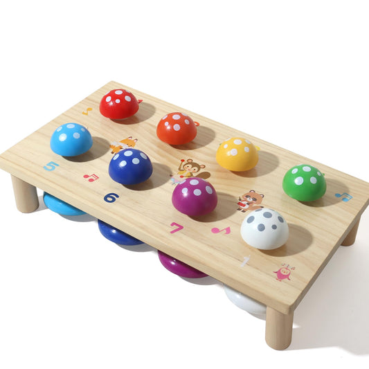 Wooden Mushroom Push Bell Toy, 8 Note Colorful Montessori Musical Toys for Toddlers, Sensory Development Hand Eye Coordination Learning Toy, Baby Musical Instrument Gift for 1 2 3 Year Old Boys Girls