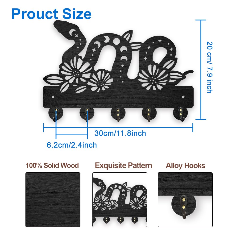 MAYJOYDIY Wooden Snake Moon Phase Key Holder for Wall 11.8x7.8inch Flower Snake Animal Key Rack Magic Animal Key Hanger 5 Alloy Hooks for Entryway Front Door Hallway Wall Art Decoration