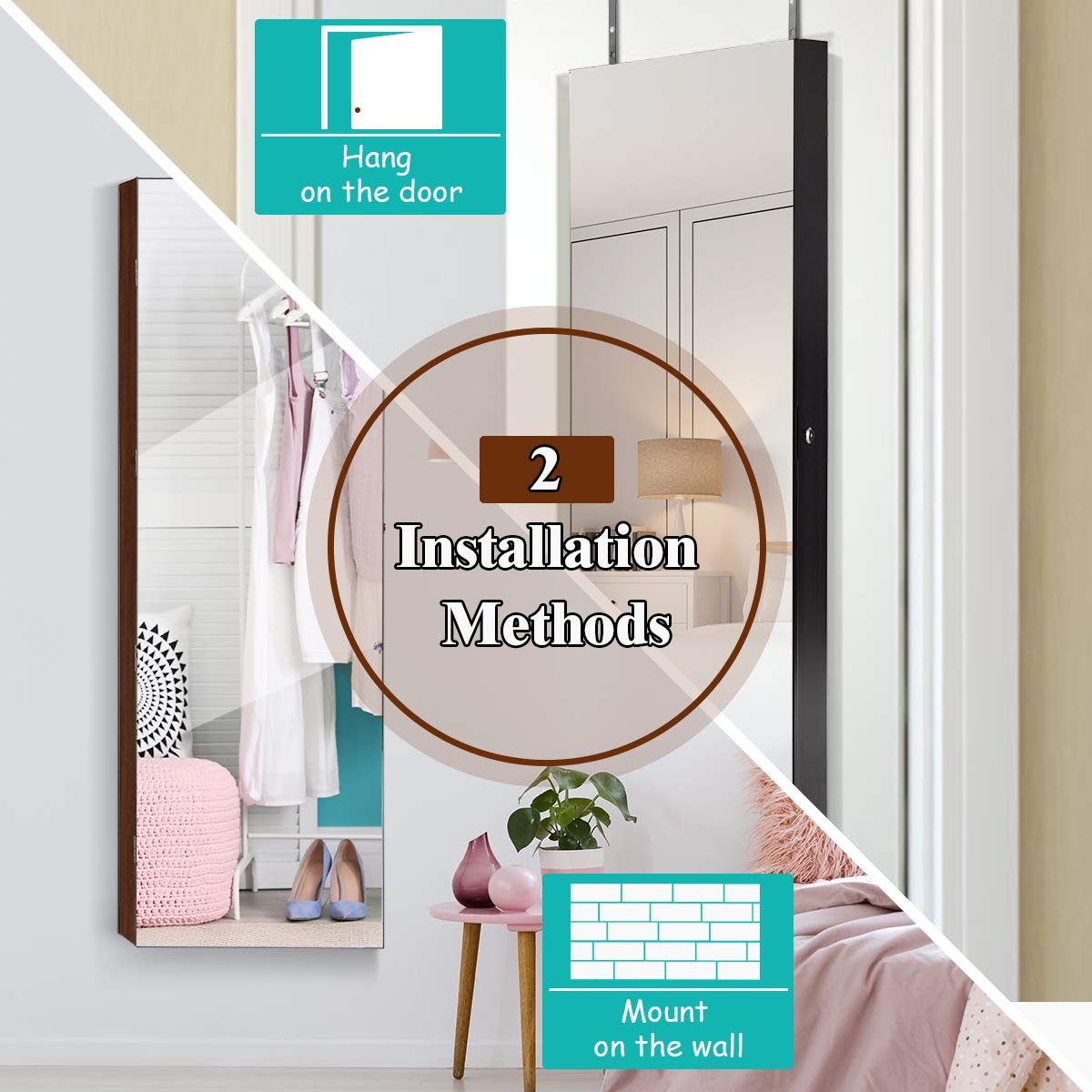 OFFICEJOY Wall/Door Mounted Jewelry Armoire w/Full-Length Mirror & LED Lights, Lockable Jewelry Armoire Mirror Organizer, Jewel Storage Hanging Cabinet w/Scarf Rod, 36 Hooks, 1 Makeup Pouch (Coffee)