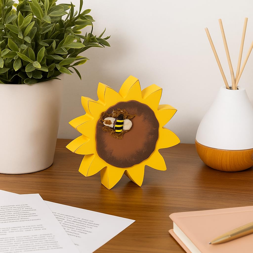 The Bridge Collection Sunflower with Bee Wooden Shelf Sitter Sign - Wood Flower Bumblebee Tabletop Decoration for Spring, Summer Home Decor