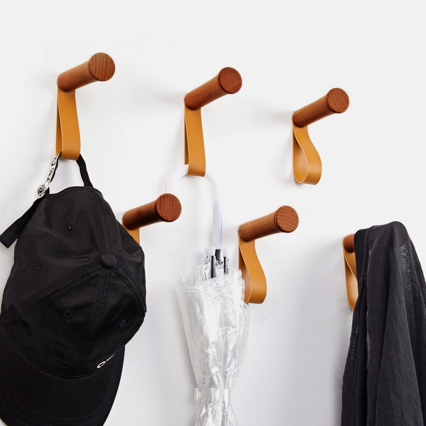 CoolCedar Adhesive Wall Hooks 6Pack Wood Hat Hooks Coat Rack Wall Mounted Extended Wooden Pegs for Hanging Keys, Cups, Baseball Caps, Pictures, Hat Hangers Rack with Leather (6Pack, Cherry-6cm)