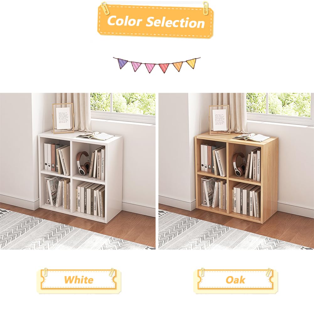 NELYE 4 Cube Organizer Bookcase - Fabric Storage Bins Container, Open Shelf Simple Compartments Bookshelf, Oak